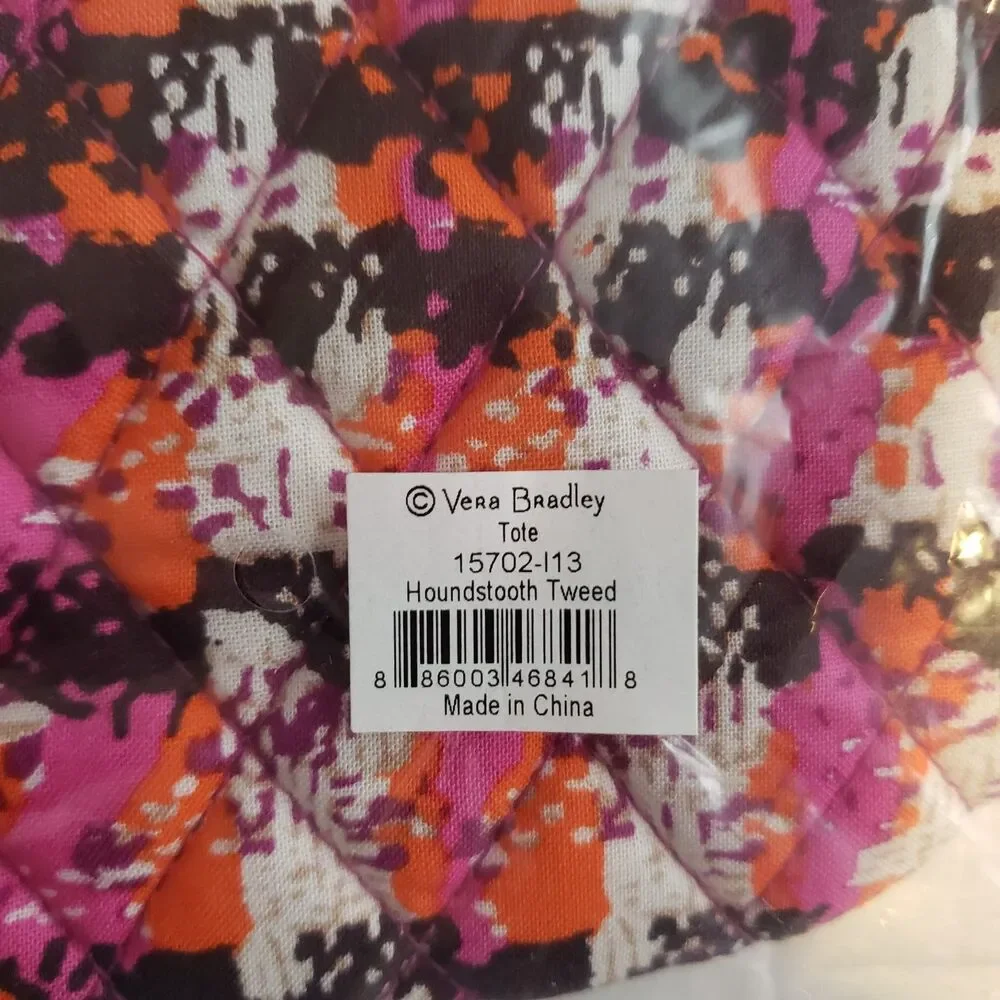 VERA BRADLEY Houndstooth Tweed Tote Pink Orange Quilted Cotton Handbag NEW